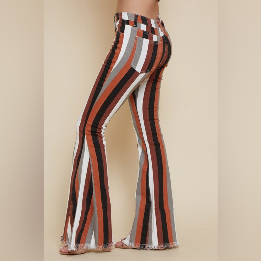 New! Hand Fringed Hem Striped‎ bell Bottom Jeans - Picture 7 of 7